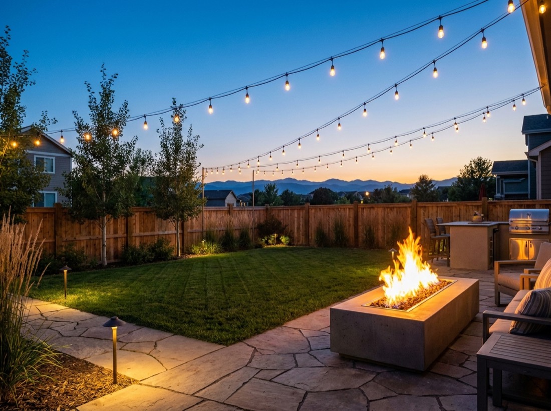 Renovated Colorado backyard at dusk with paver patio, fire pit and string lights