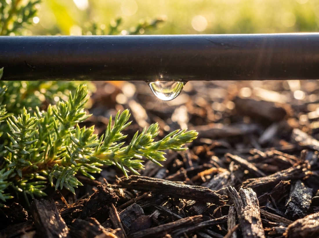 Drip irrigation line watering the base of a shrub in a mulched Colorado garden bed