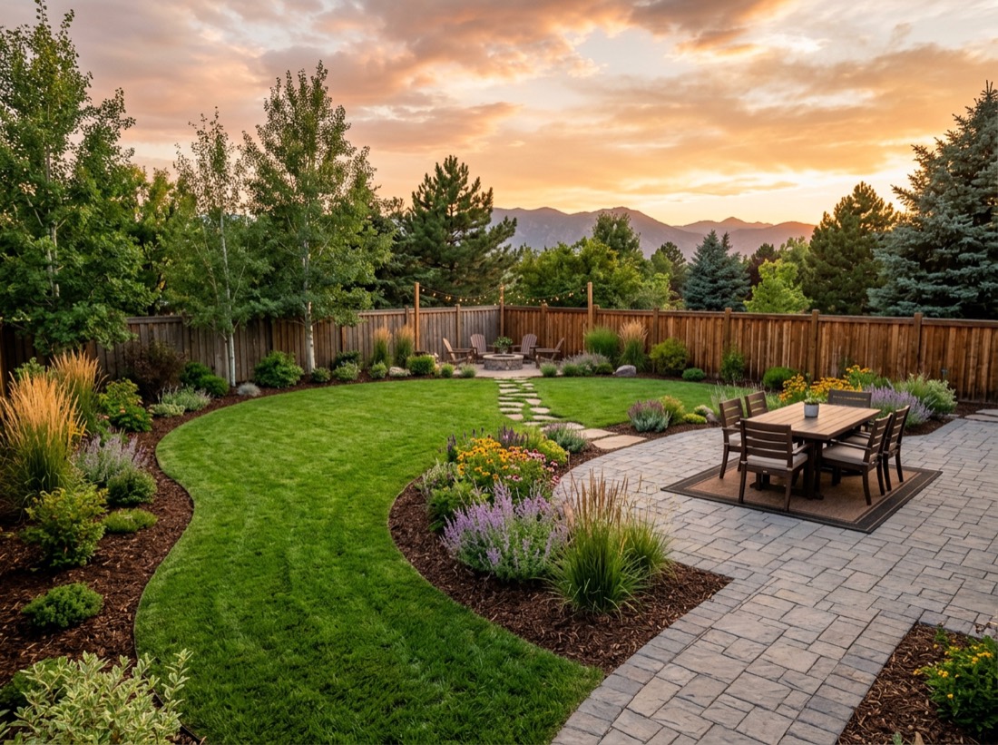 Complete Denver backyard landscaping project with patio, lawn and planting beds at sunset