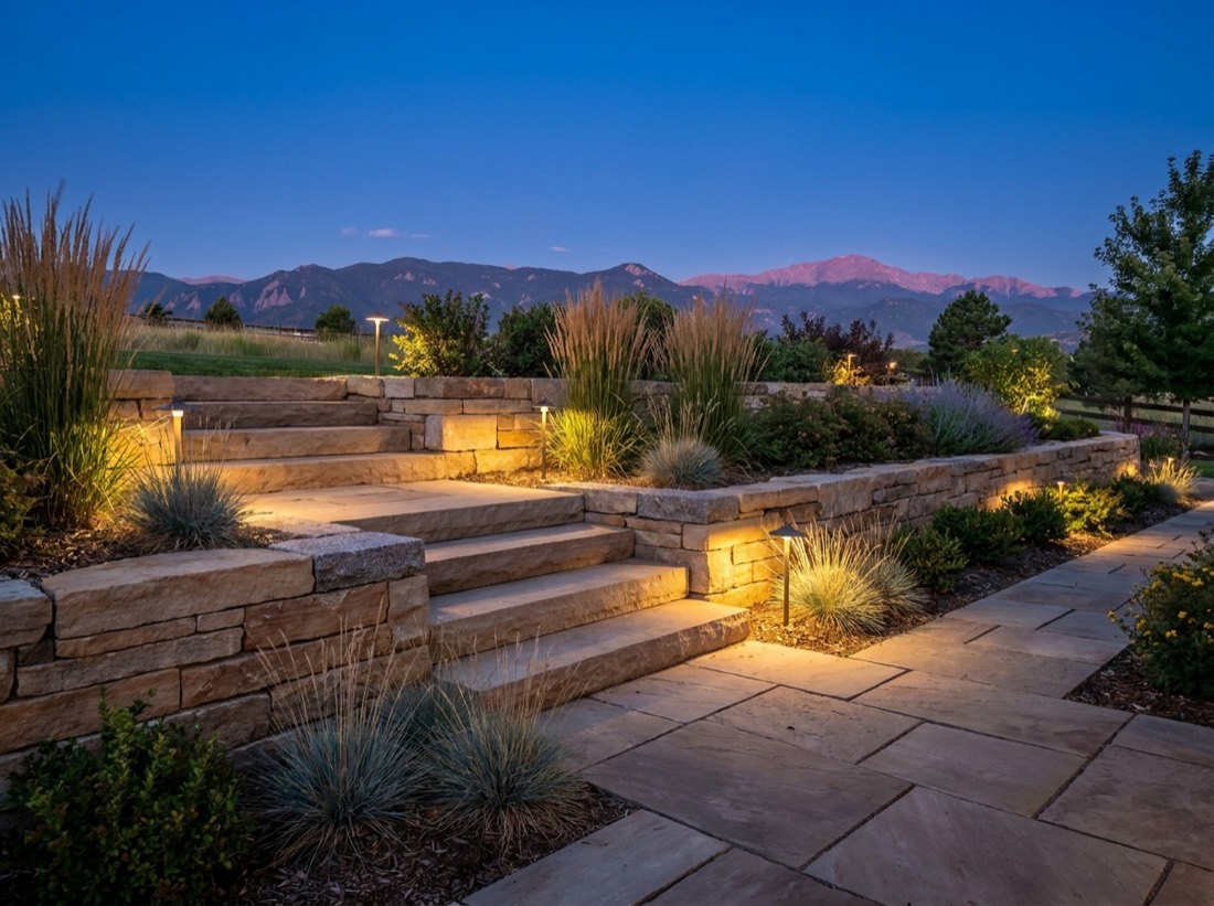 Natural stone retaining wall, steps and walkway with landscape lighting in Colorado