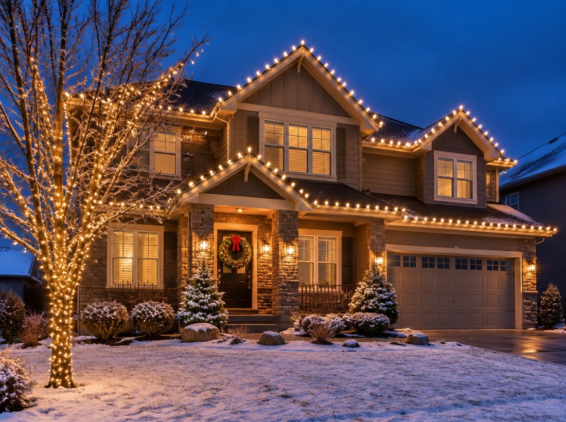 Two-story Denver home with professionally installed warm white Christmas roofline lights