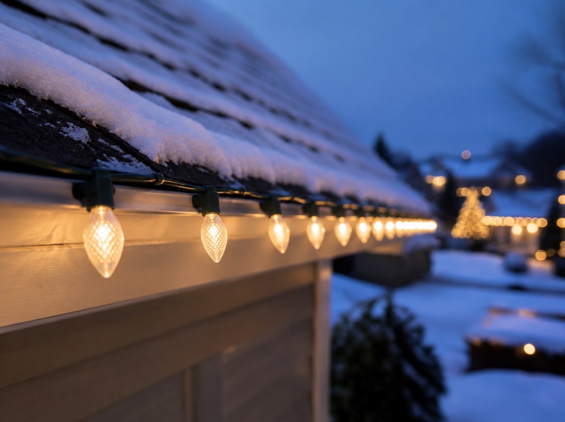 Close-up of warm white C9 bulbs clipped along a snowy roofline