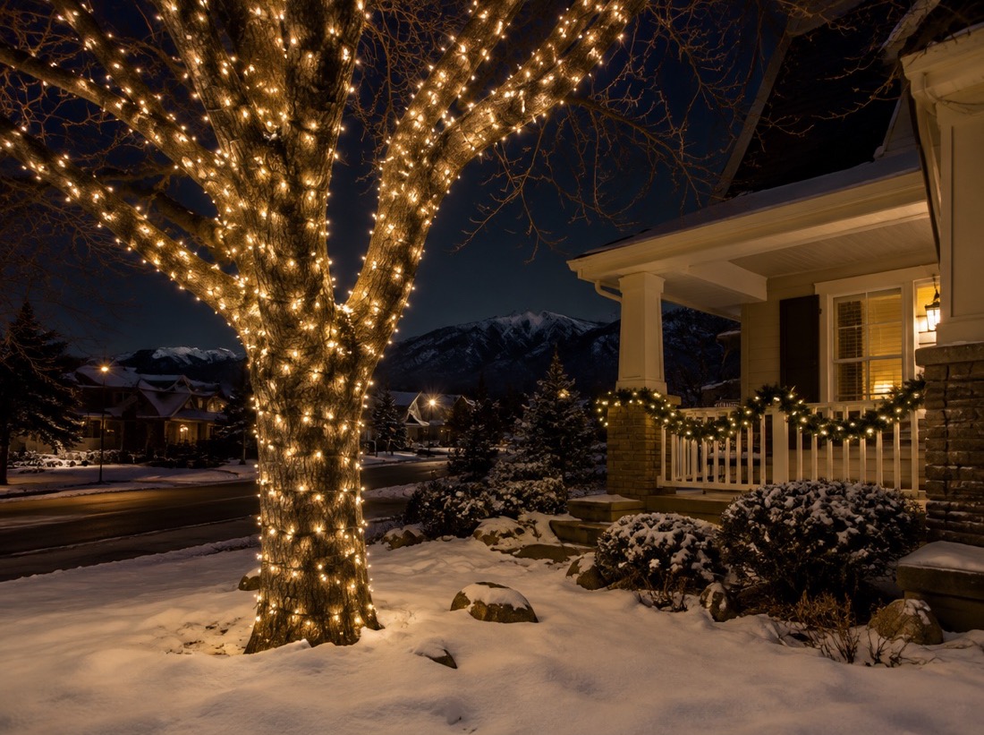Front yard tree wrapped in warm white mini lights with lit garland on the porch