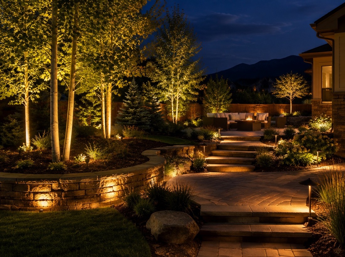 Backyard at night with uplit trees and a lit stone wall
