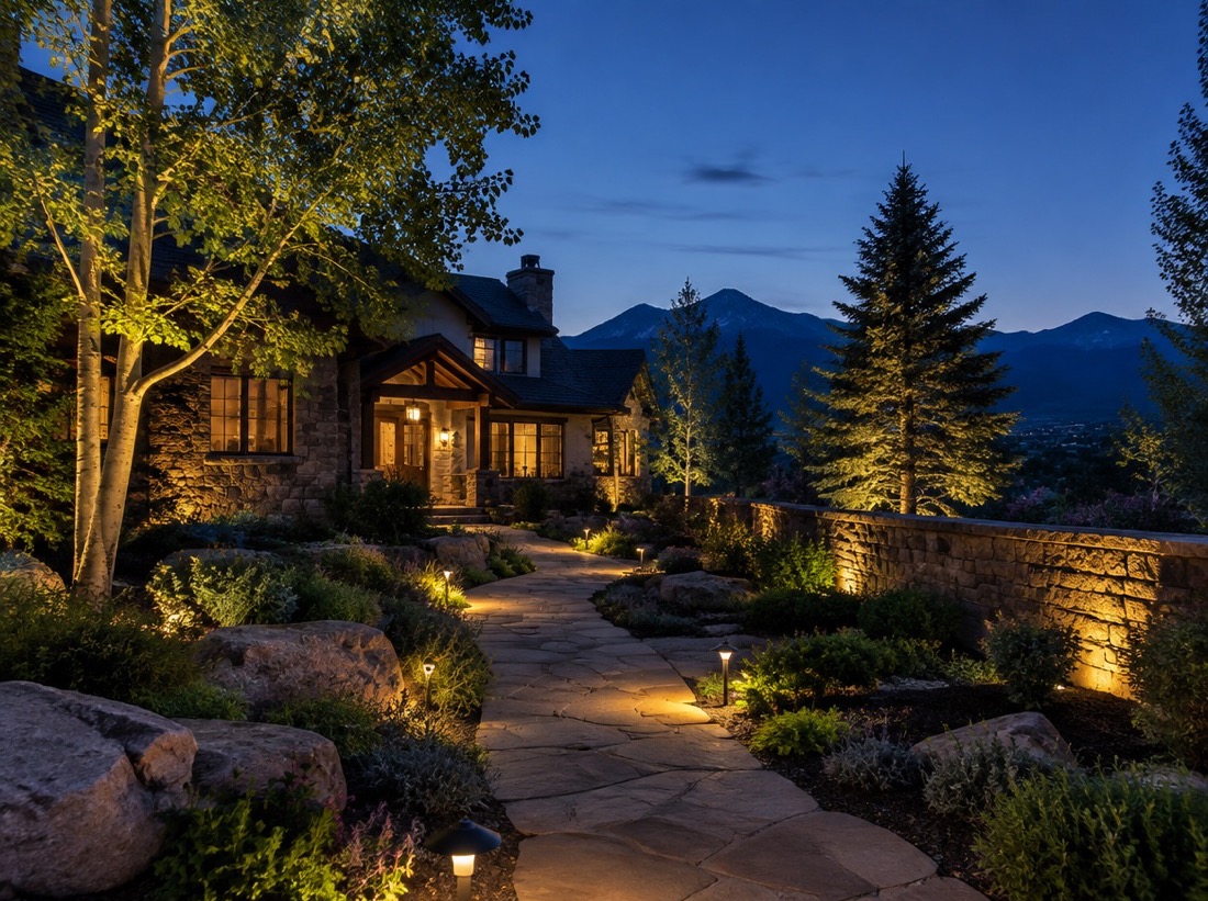 Denver home at dusk with low-voltage landscape lighting on the path and trees