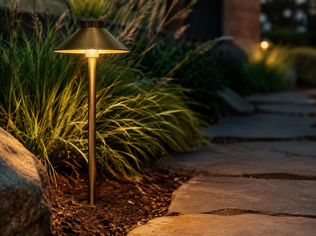 Brass low-voltage LED path light beside a flagstone path