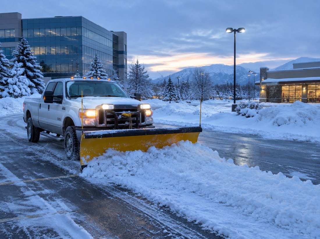Plow truck clearing a commercial parking lot at dawn in Denver