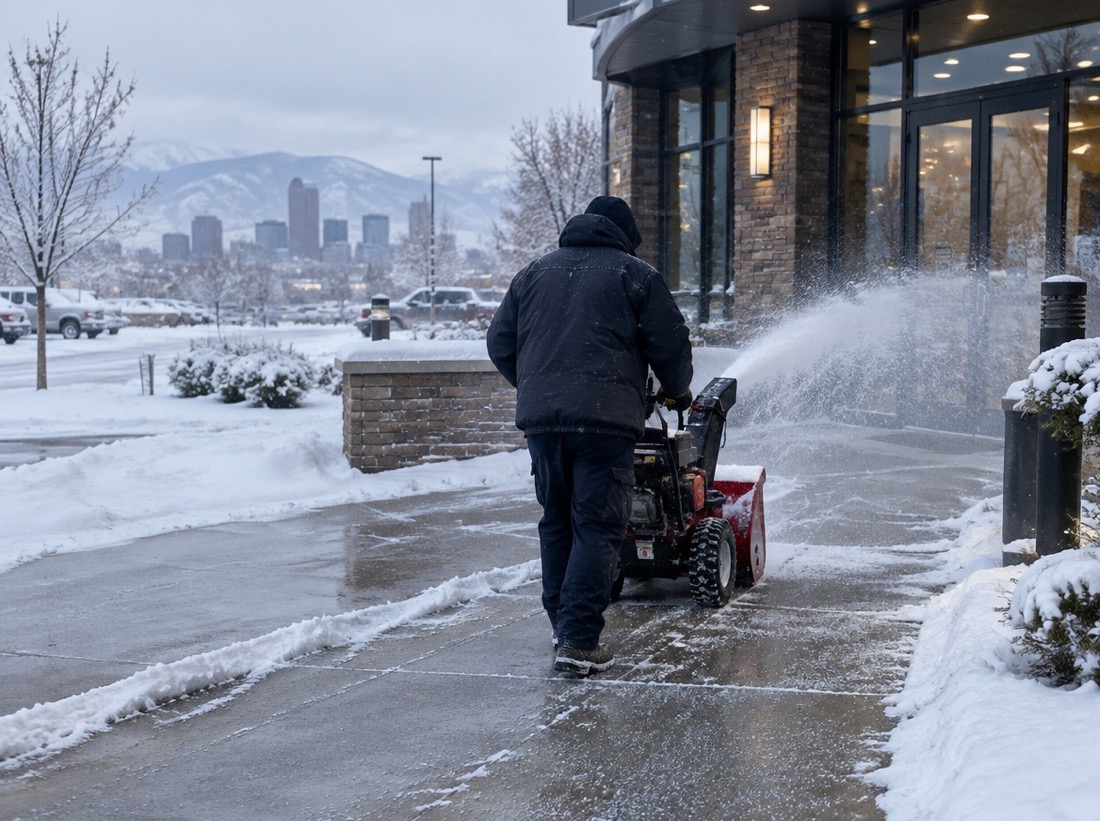 Crew clearing a commercial building entrance walkway with a snow blower