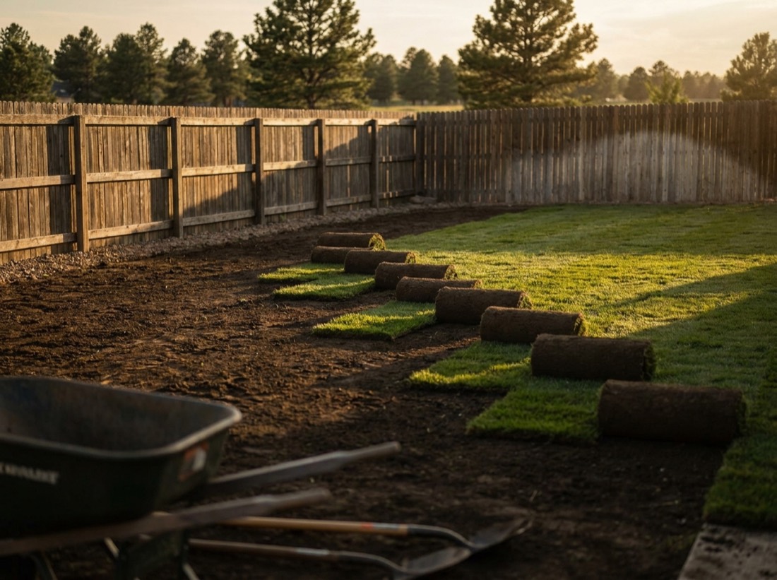 Fresh sod rolls being installed in a Colorado backyard at golden hour