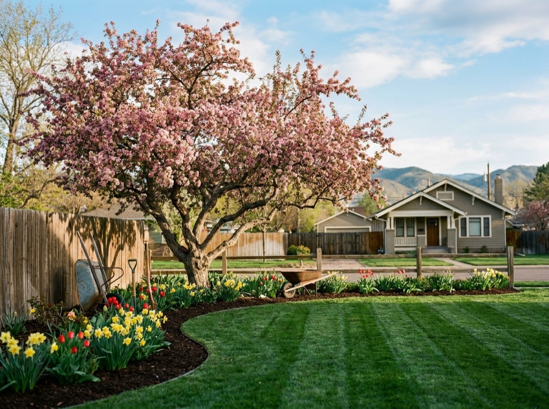 Colorado front yard in spring with blooming crabapple tree, tulips and fresh-mowed lawn