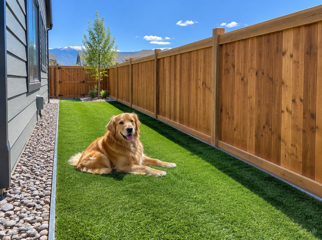 Pet-safe artificial turf dog run along a cedar fence