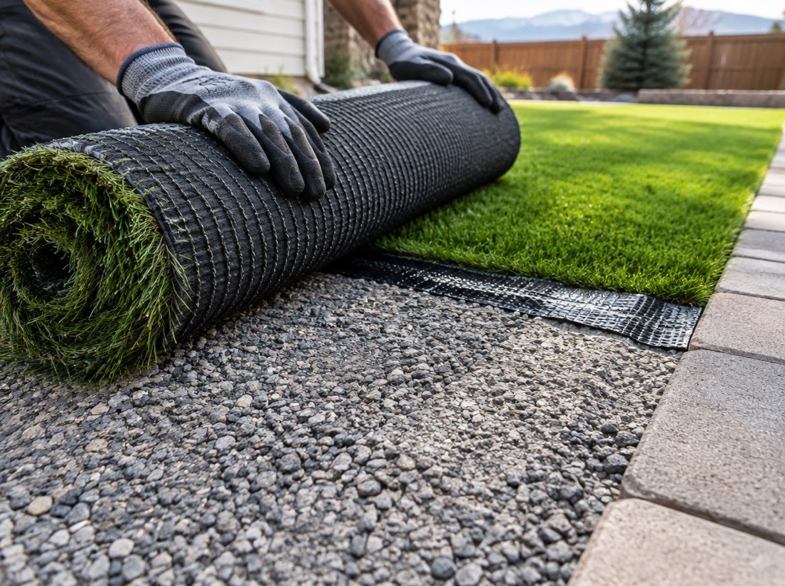 Artificial turf being rolled over a compacted crushed rock base