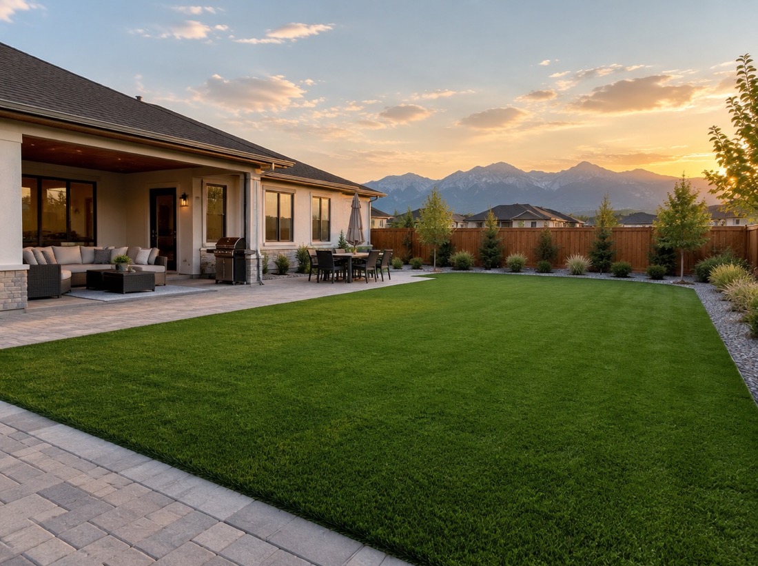 Artificial turf backyard with paver patio in Denver